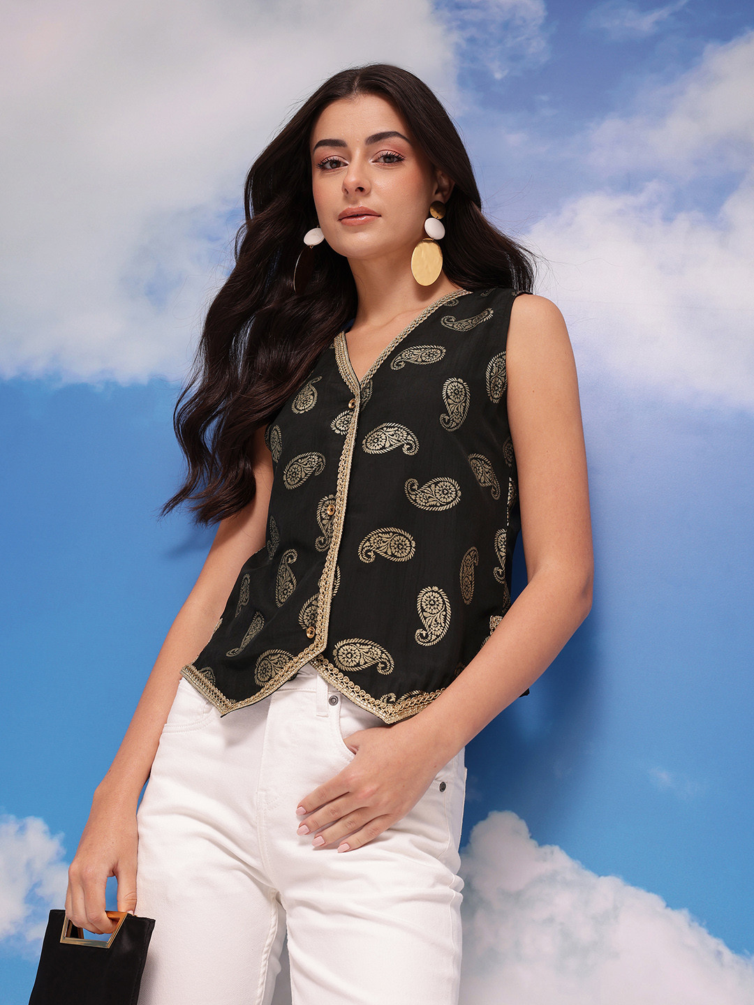 CORSICA Ethnic Motif Self Design V-Neck Vest Top With Gotta Pati Detail