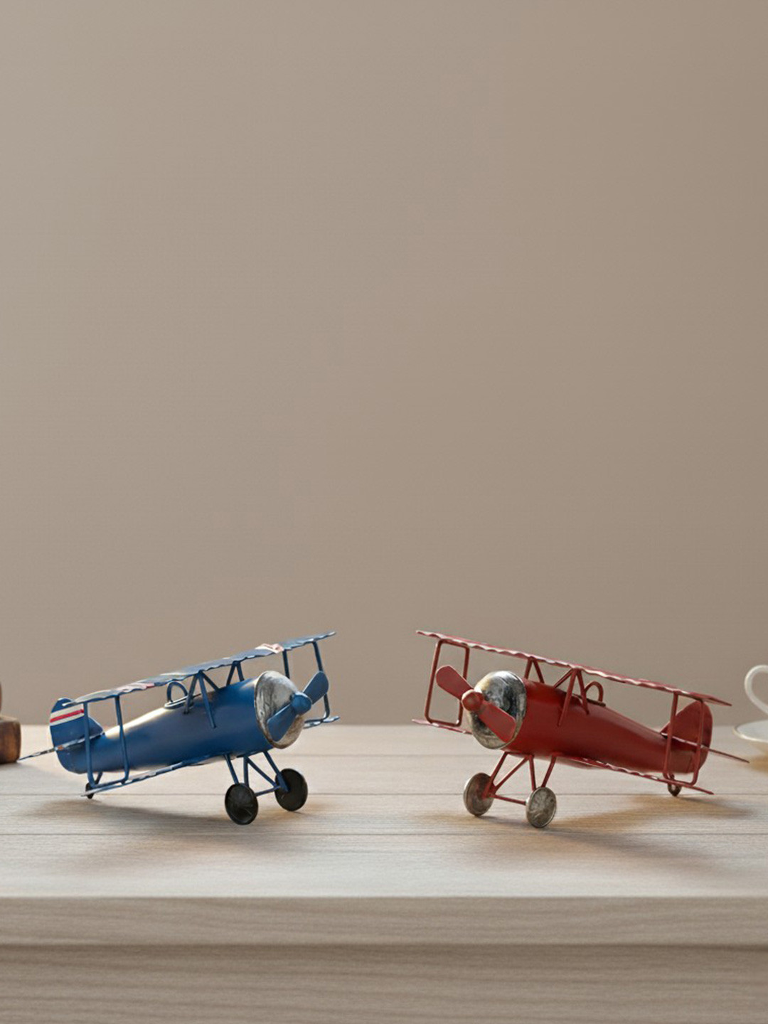 Ascension Blue 3 Pieces Vintage Biplane Model Mini Figurines Decorative Showpieces