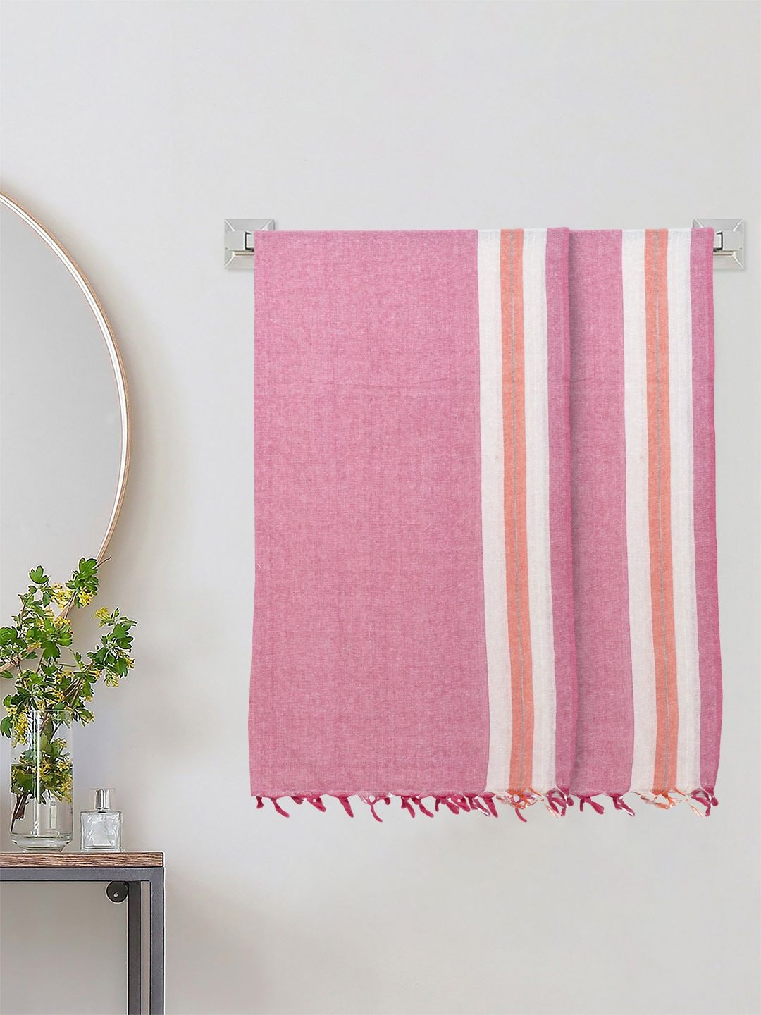 KLOTTHE Pink Striped Pure Cotton 233 GSM 2 Pieces Adult Bath Towels-59 Inch X 26.77Inch