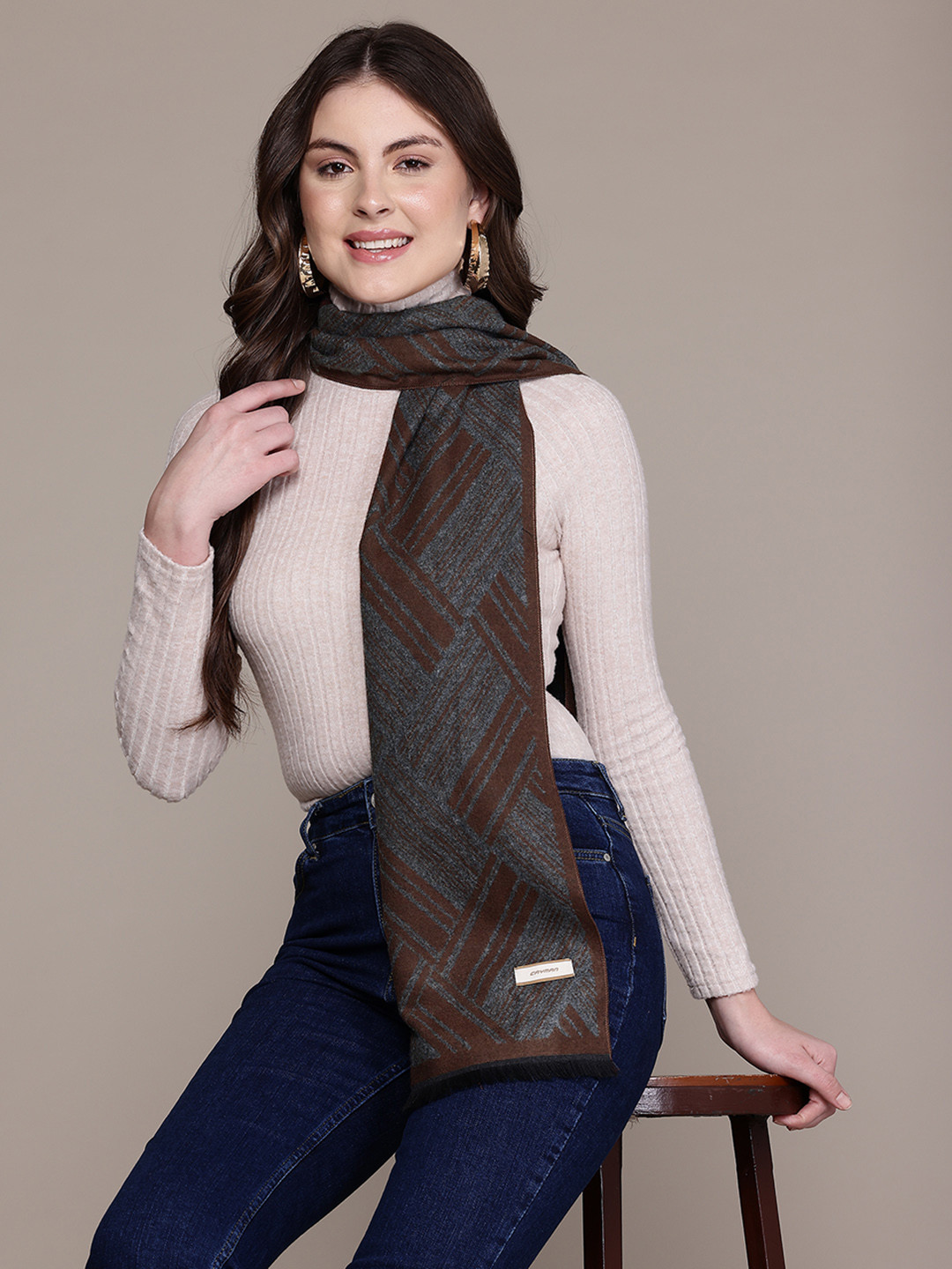 Cayman Women Geometric Self Design Frayed Scarf
