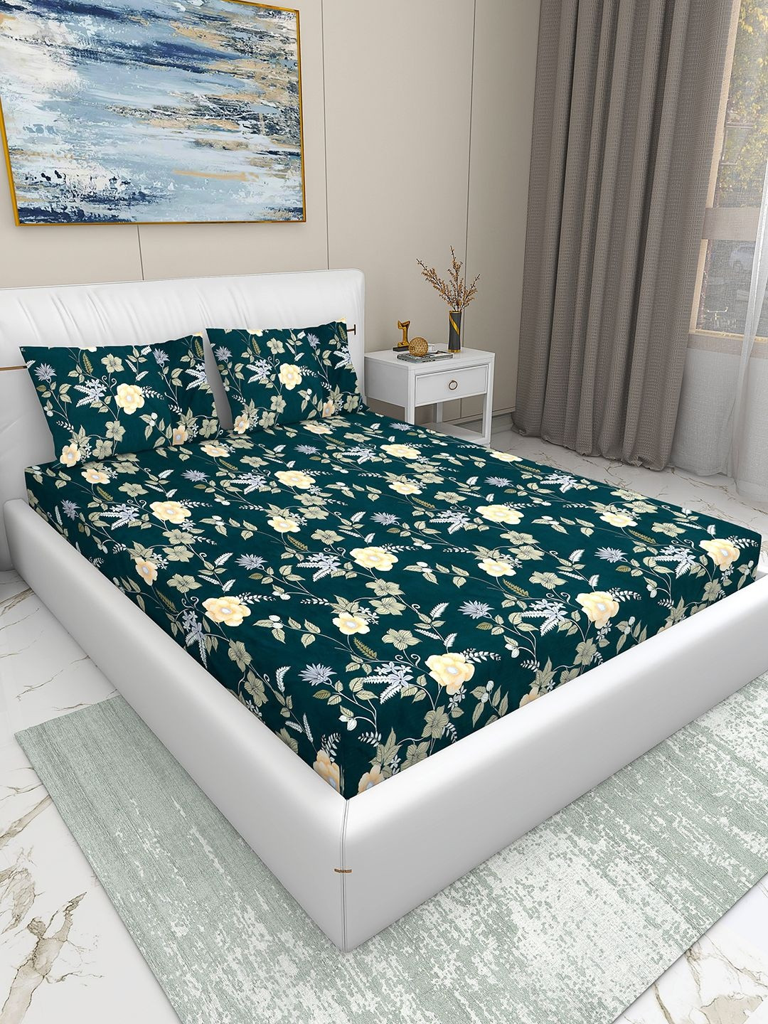 Aura Floral 220 TC Cotton King Bedsheet with 2 Pillow Covers