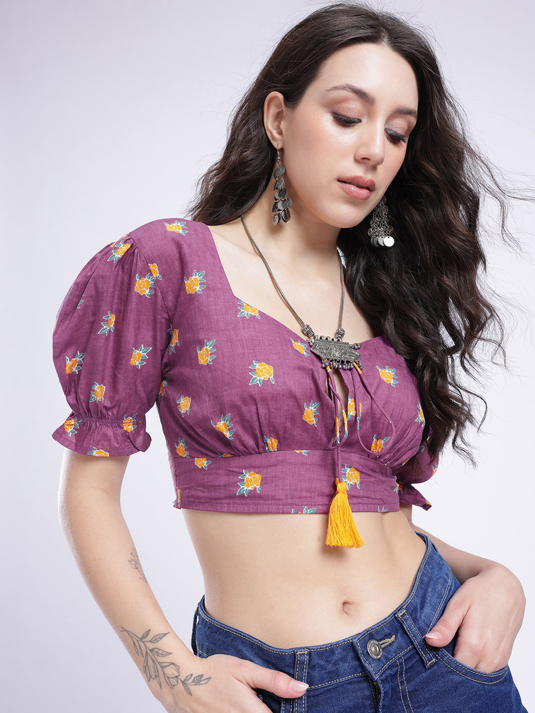 fusion by glitchez Floral Printed Smocked Detailed Puff Sleeve Regular Top