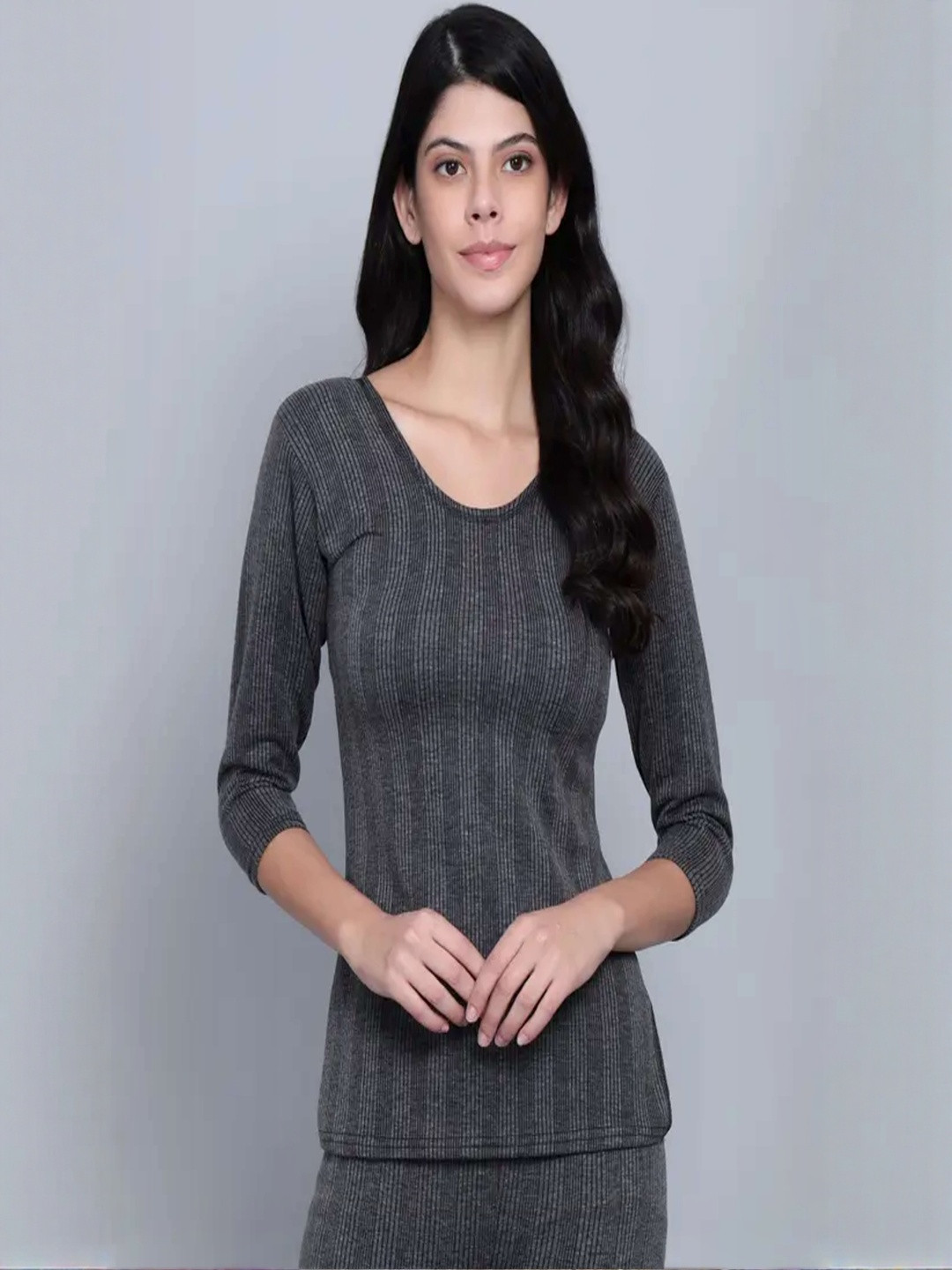 SRUTVIK CREATION Women Striped Round Neck Long Sleeve Woolen Thermal Top