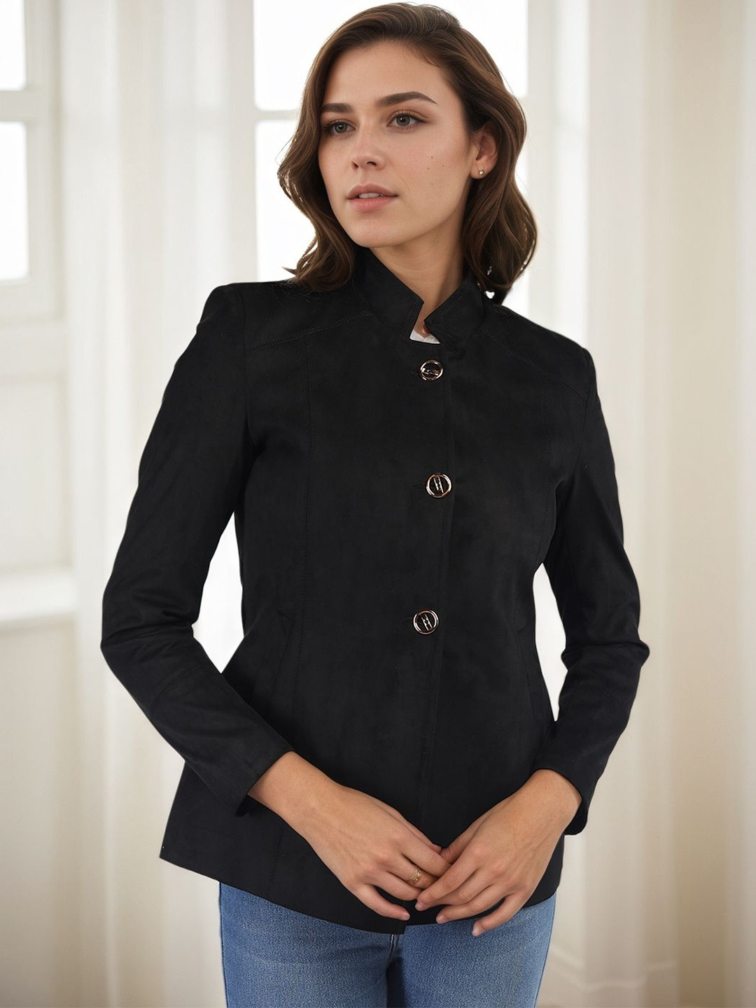 Chemistry Women Solid Regular Fit Stand Collar Long Sleeves Single-Breasted Pea Overcoat