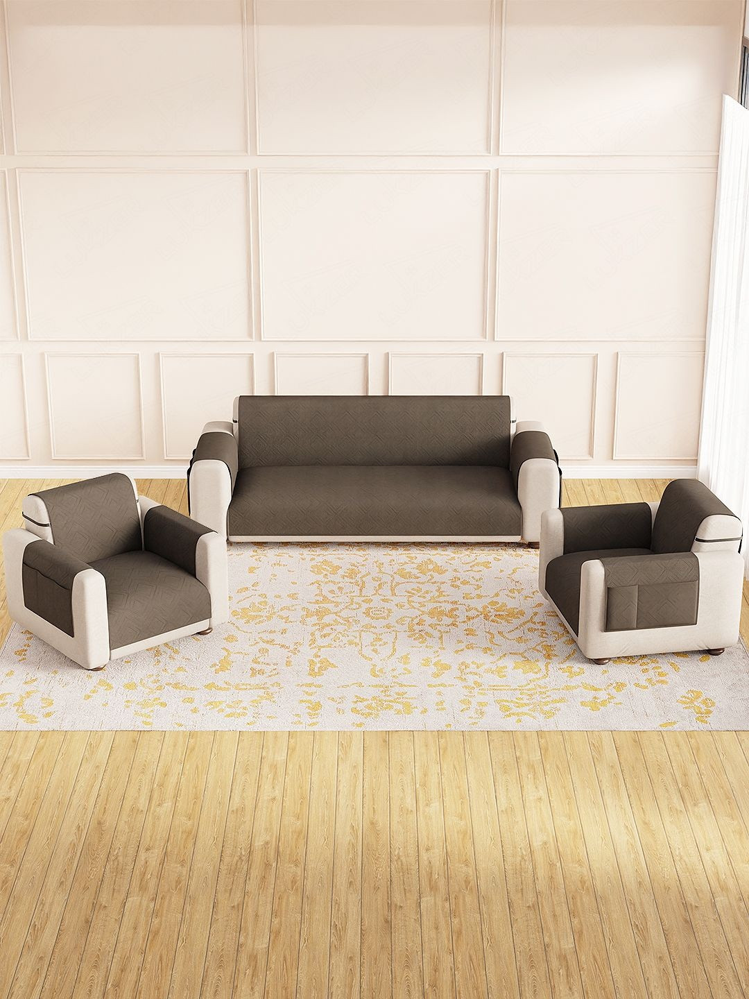 Lukzer Brown 5 Seater Reversible Quilted Sofa Mat - Dot Frame Pattern