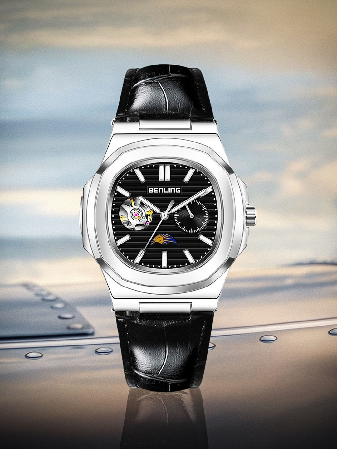 BENLING Men Dial & Leather Straps Analogue Automatic Watch BL-0009-SLVR-BLK STR