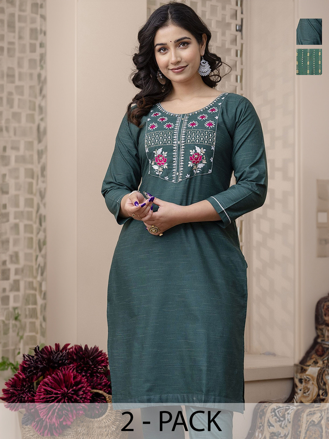 AUZAAI COLLECTION Pack Of 2 Ethnic Motifs Embroidered Thread Work Pure Cotton Kurtas