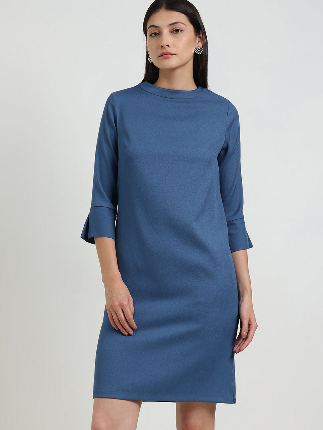 FableStreet Women Solid Slit Sleeve Crepe Round Neck Formal Shift Above Knee Dress