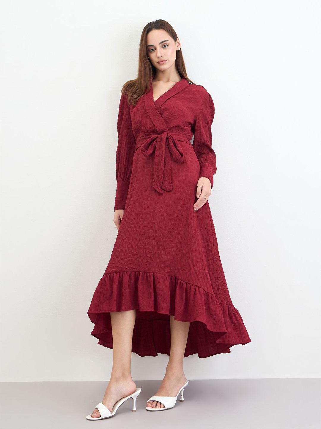 Styli Women Solid V-Neck Puff Sleeve Ruffled Wrap Midi Dress