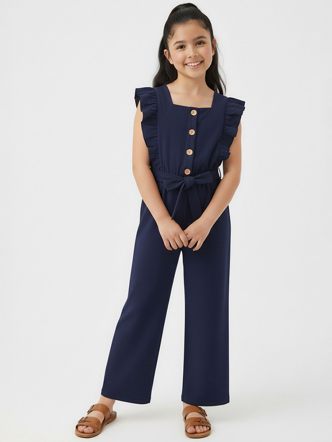 YK X Trampoline Girls Square Neck Ruffles Detail Basic Jumpsuit with Belt
