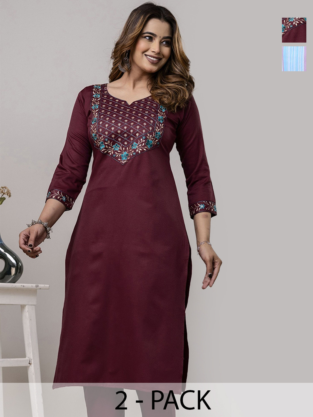AUZAAI COLLECTION Selection Of 2 Floral Embroidered Thread Work A-Line Pure Cotton Kurtas