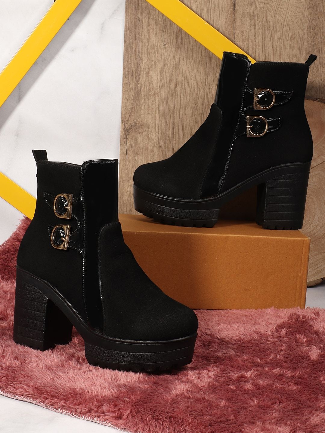 Killer Women Platform Block Heel Ankle Boots with Gold Double Buckle Straps