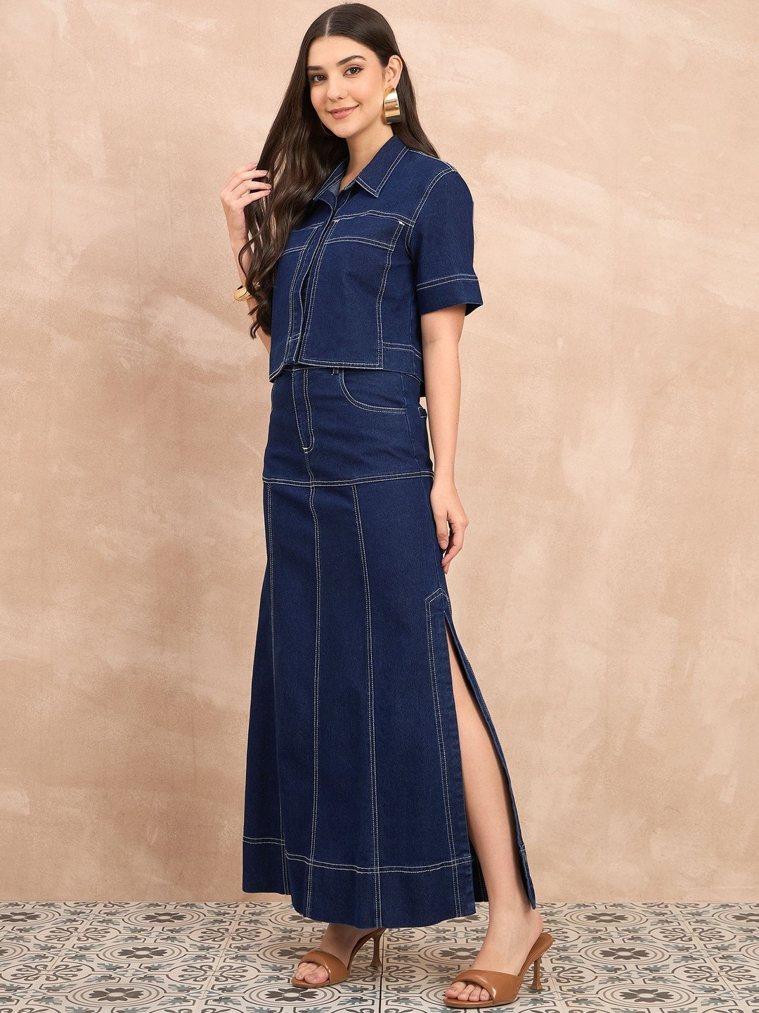 R.Code by The Roadster Life Co. Shirt Collar Denim Pure Cotton Crop-Shirt With Maxi Skirt