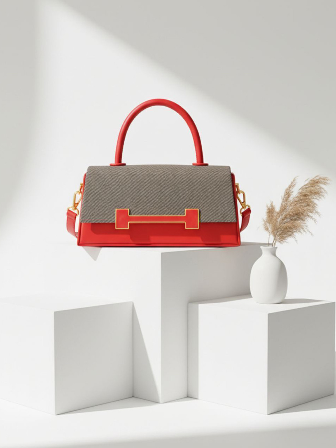 Flingo Women Red & Grey Gold-Tone Bar Detail Handbag