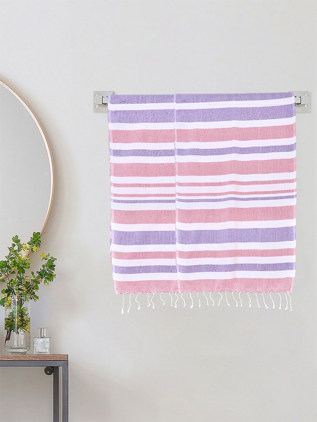 KLOTTHE Pink & White Striped Cotton 233 GSM 2 Pieces Bath Towels