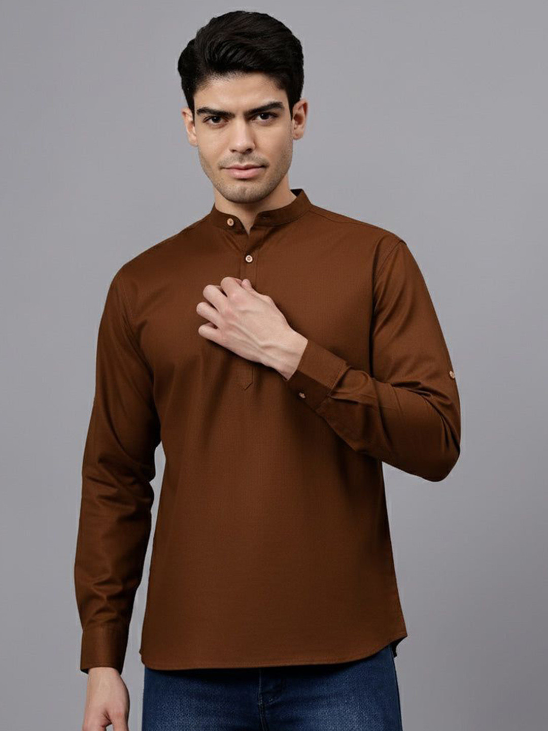 LENIA Band Collar Roll-Up Sleeves Short Kurta