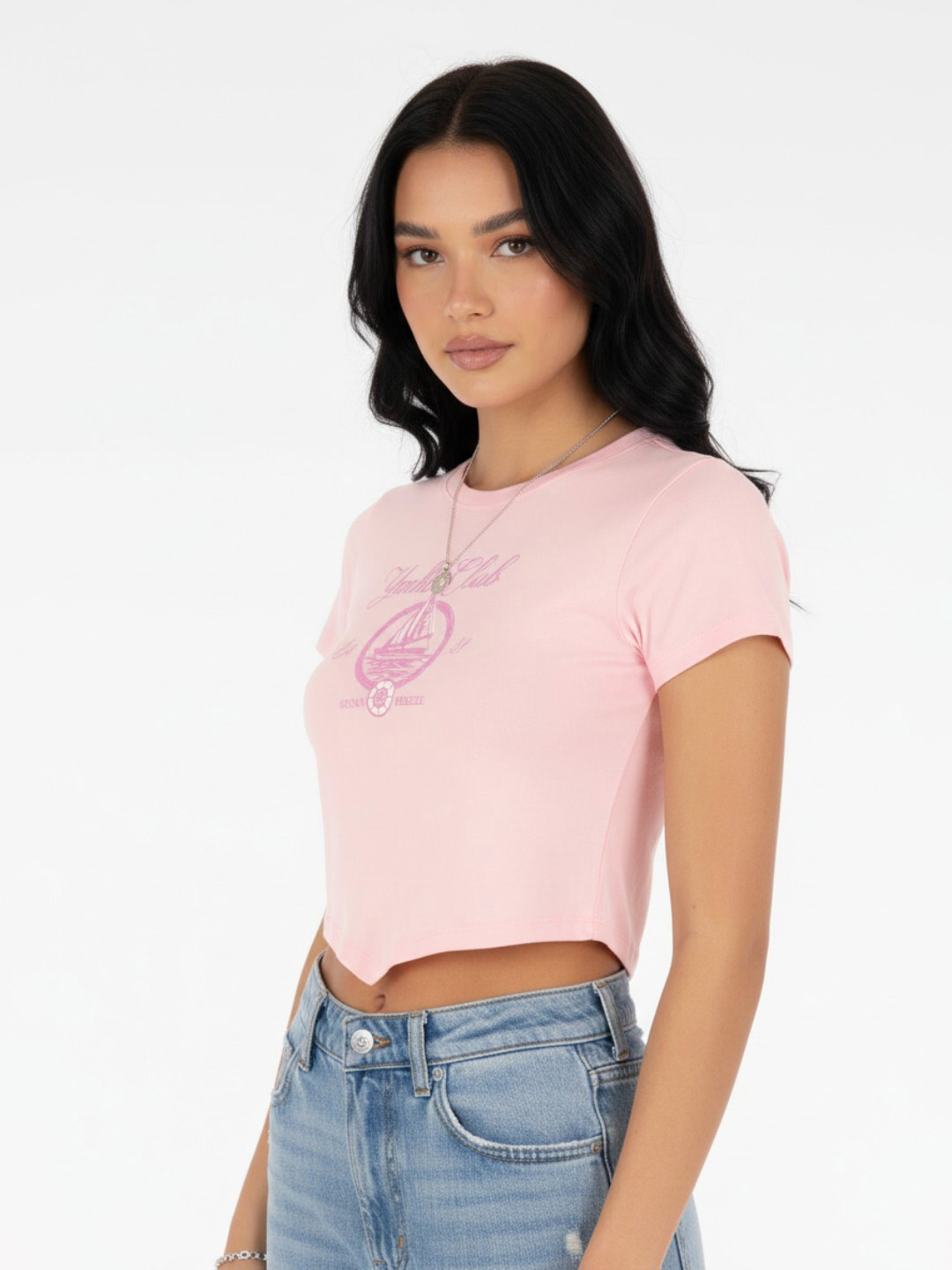 glitchez Graphic Printed Asymmetric Hem Fitted Crop Top