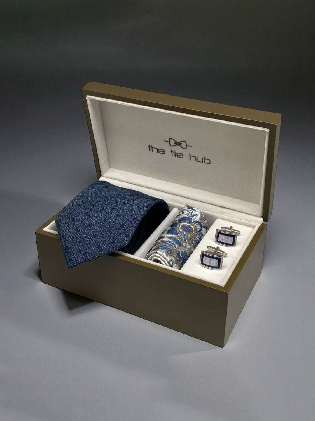 The Tie Hub Men Accessory Gift Set of Floral Pocket Square & Blue Accent Cufflinks