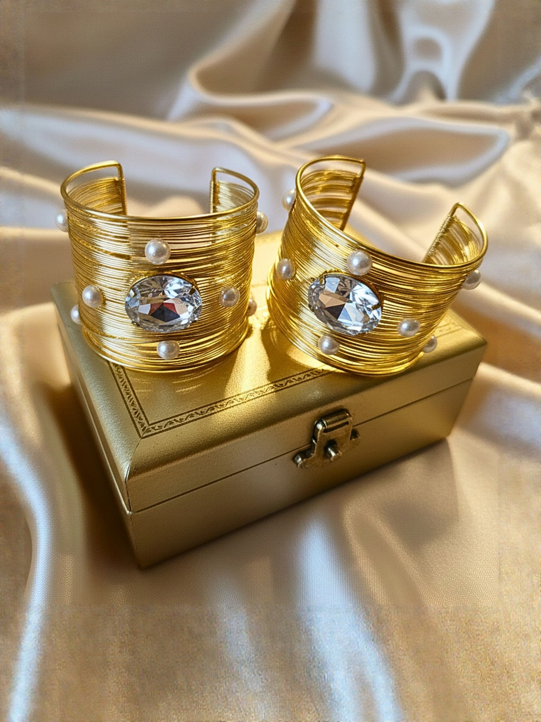 DressBerry Set Of 2 Gold-Plated Crystal Studded And Pearls Beaded Cuff Bracelet