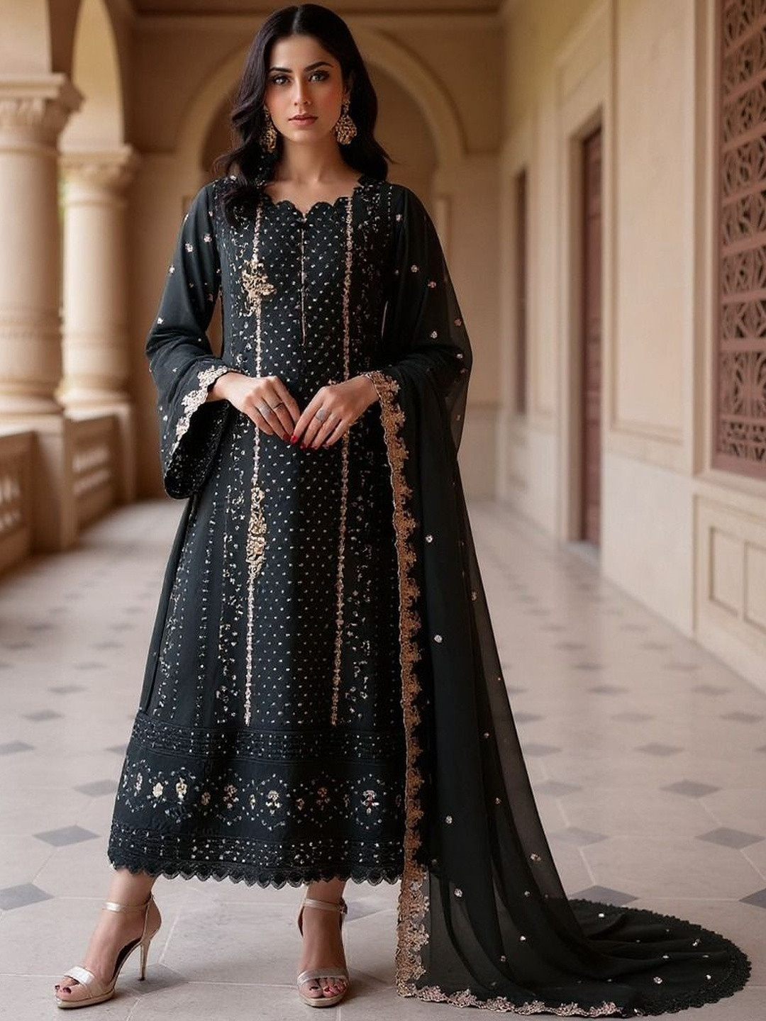 DEALBAZAARS CORPORATION WITH DB LOGO Embroidered Georgette Semi-Stitched Dress Material