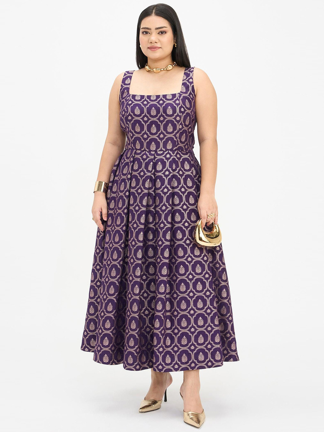 Virgio Women Viscose Brocade Jacquard Pleated Square Neck Sleeveless Plus Size Dresses