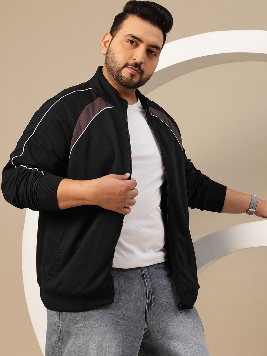 Sztori Plus Size Contrast Piping Mock Collar Raglan Sleeves Zip-Up Terry Sweatshirt