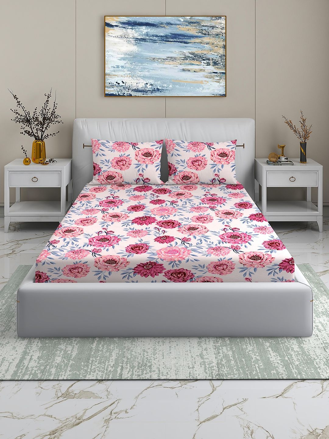 Aura White & Pink Floral 220 TC King Bedsheet with 2 Pillow Covers 72X78 Inches
