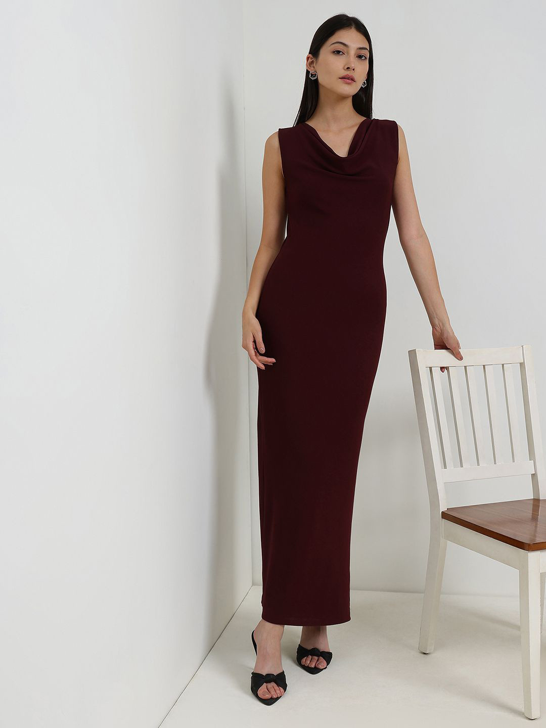 FableStreet Women Solid Cowl Neck Formal Bodycon Maxi Dress