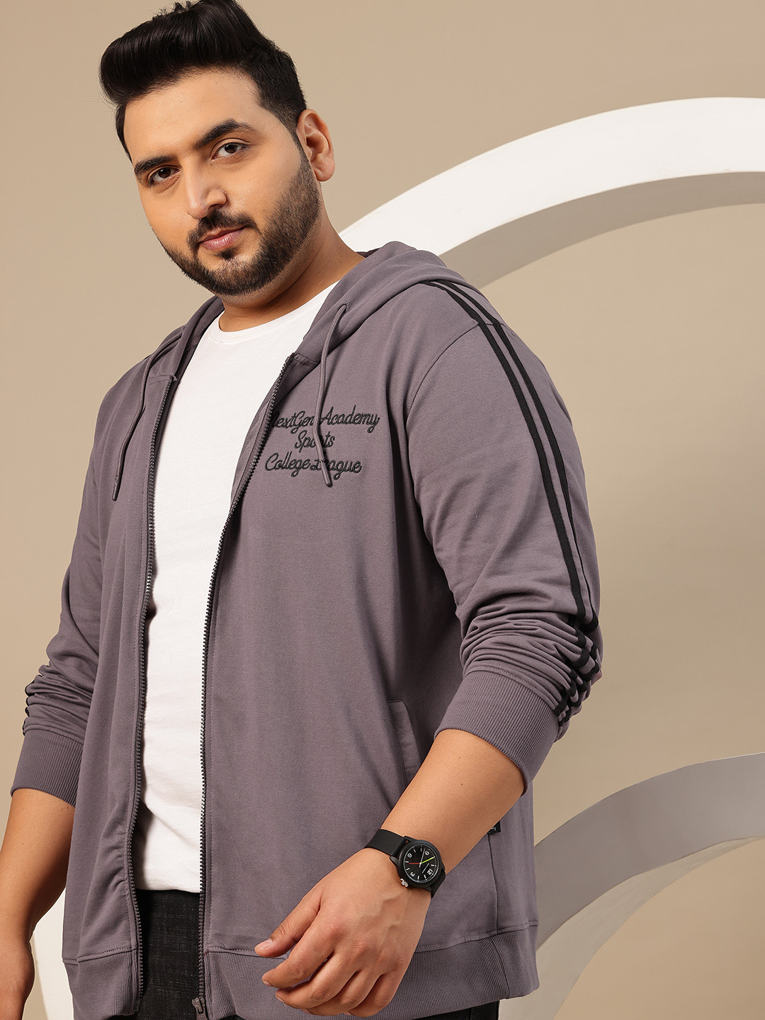 Sztori Plus Size Typography Embroidered Hooded Zip-Up Terry Sweatshirt with Striped Detail