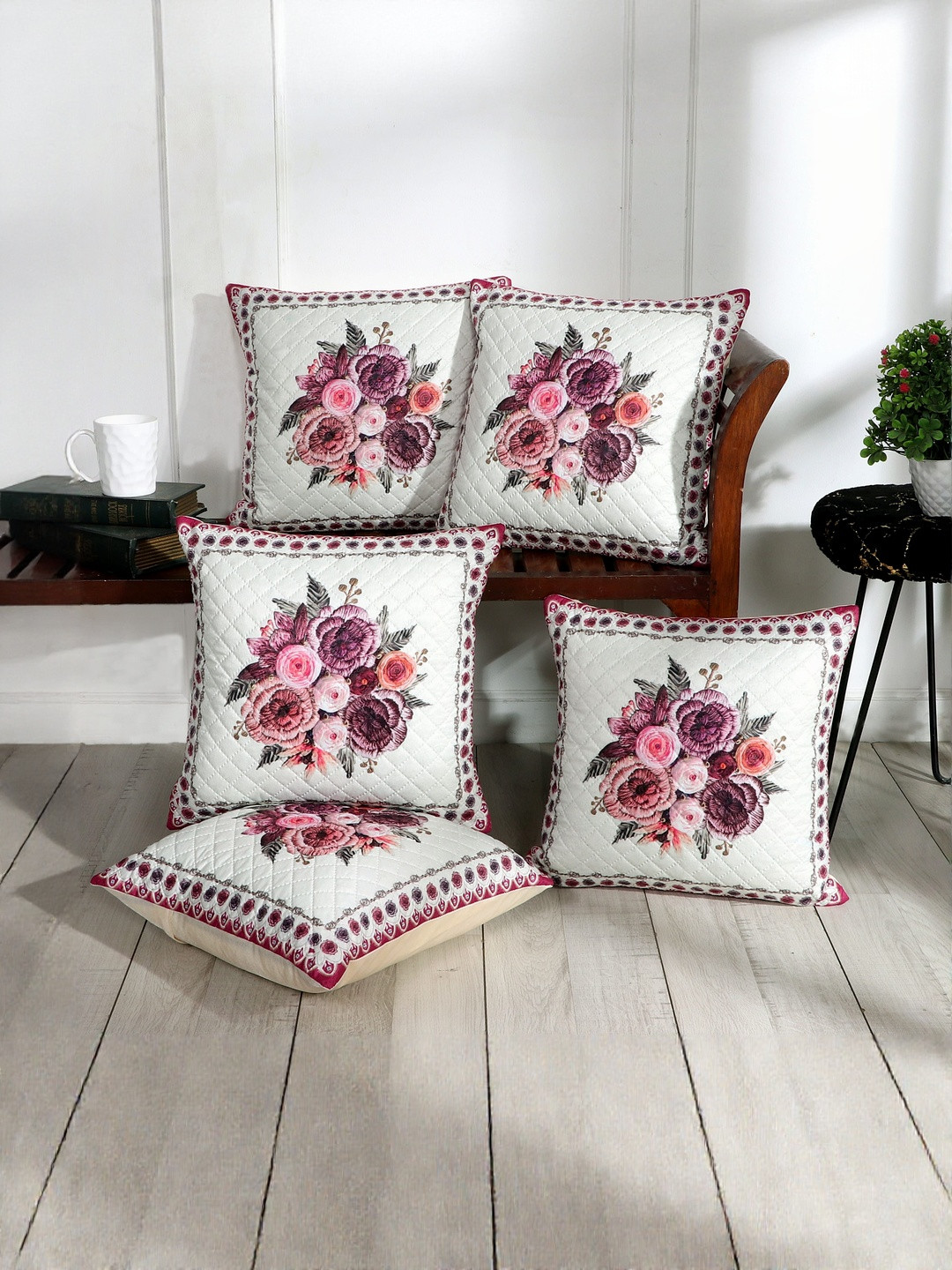 BLUEDOT Pink & White Floral Velvet 5 Pieces Square Cushion Covers-16 inch x 16 inch