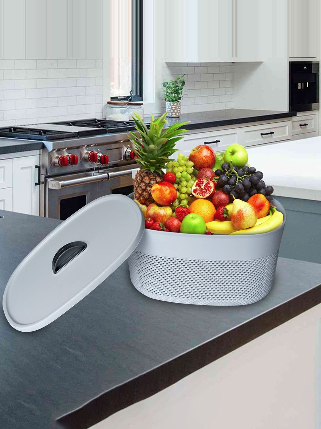 Kuber Industries Grey Small Oval Shaped Storage Baskets with Lid