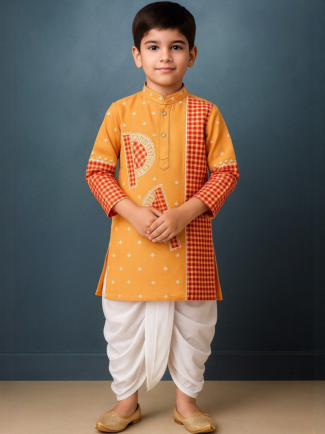 TAKE STYLE Boys Checked Mandarin Collar Pure Cotton Kurta With Dhoti Pants