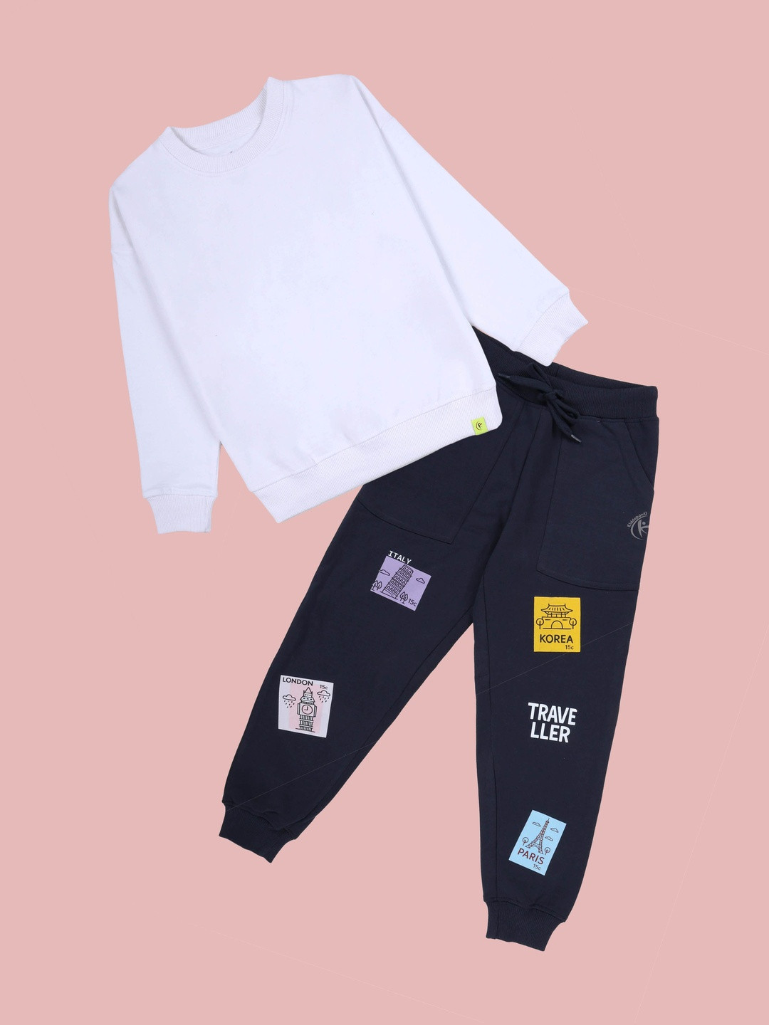 KiddoPanti Boys Solid Fleece Round Neck Sweatshirt &Travel-Themed Printed Tracksuits