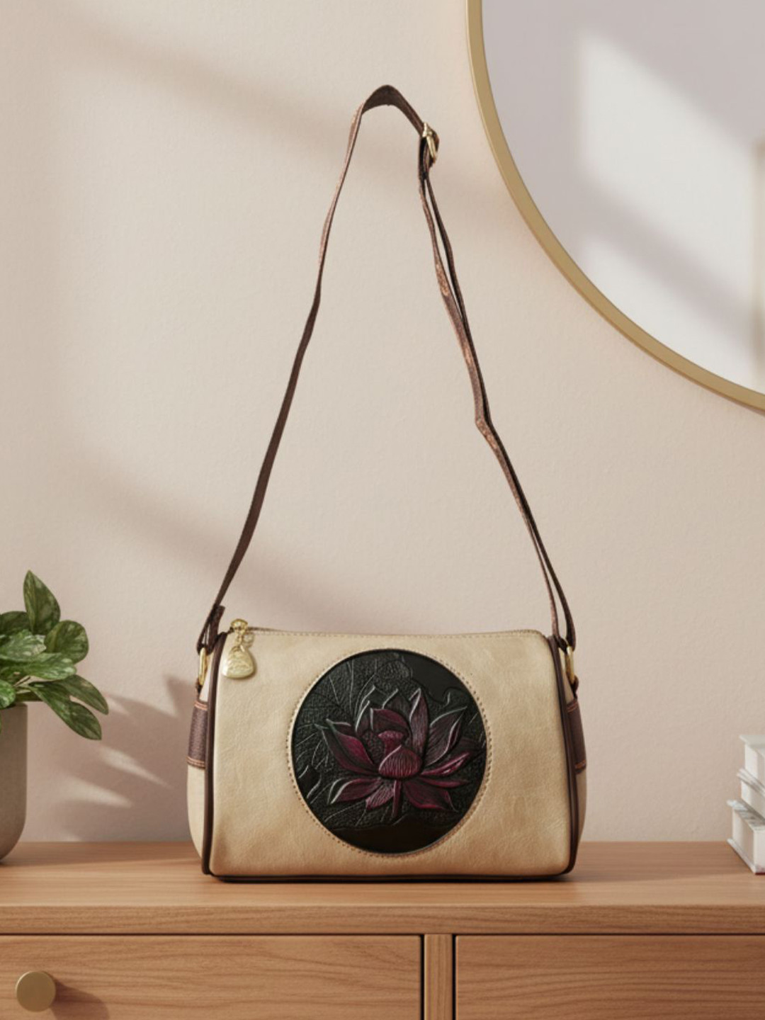 Flingo Embroidered Elephant Motif Vegan Leather Sling Bag