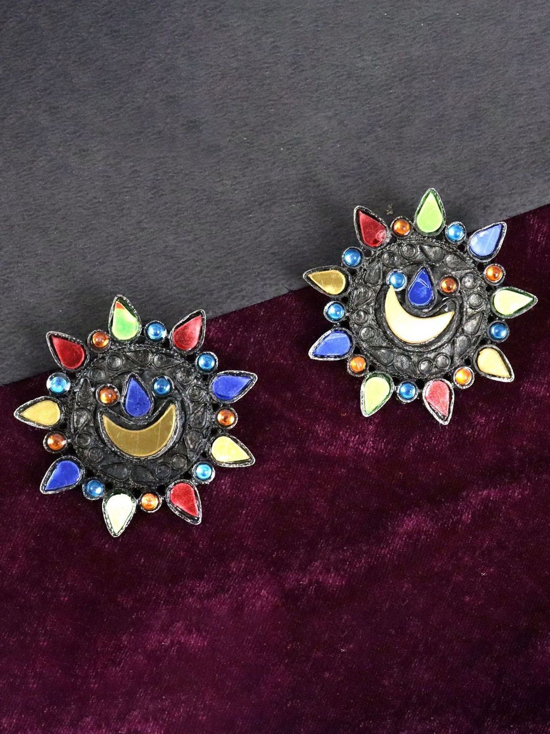Krelin Silver-Plated Crystal Studded Antique Contemporary Studs