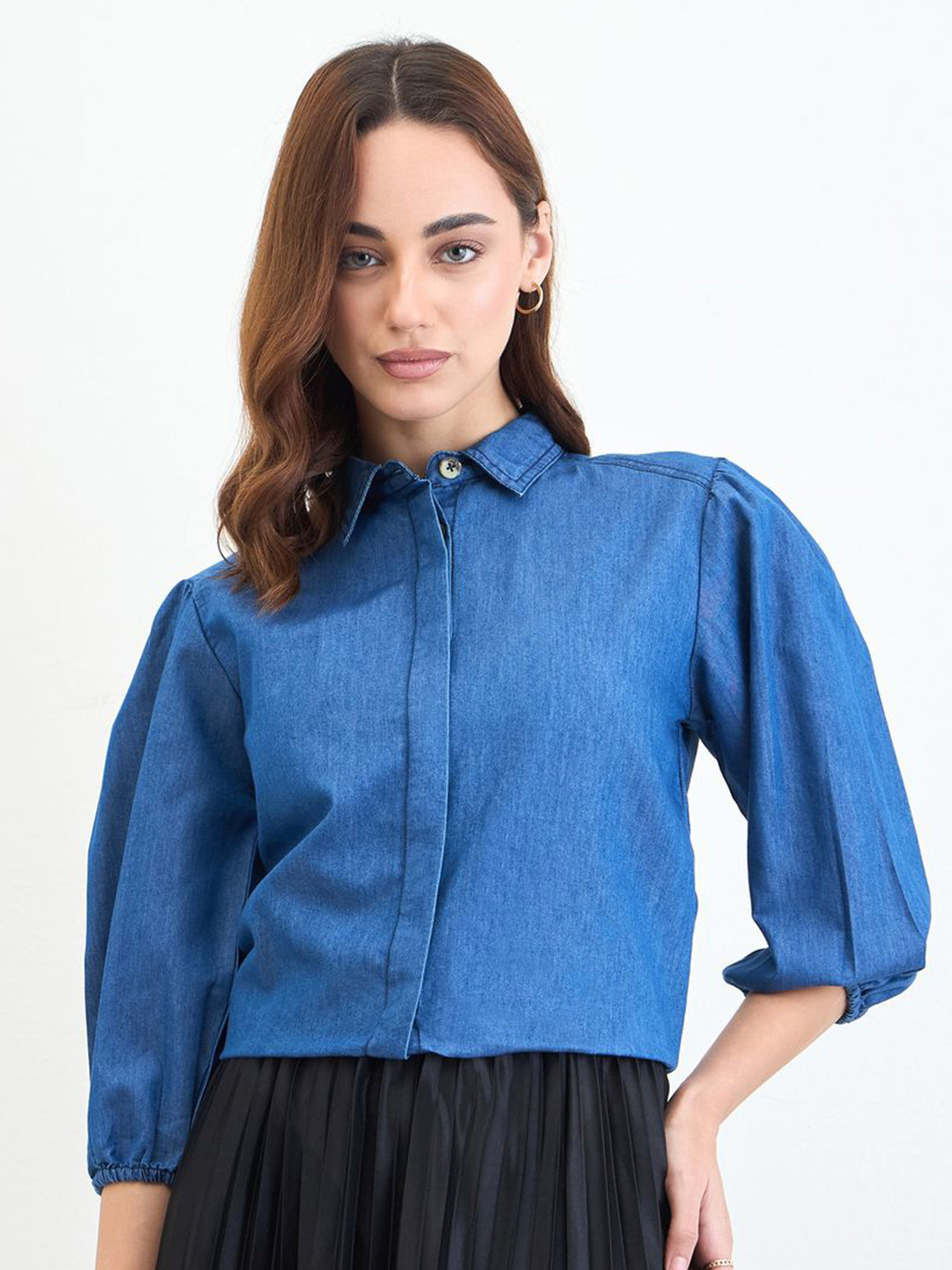 Styli Relaxed Fit Balloon Sleeves Denim Shirt