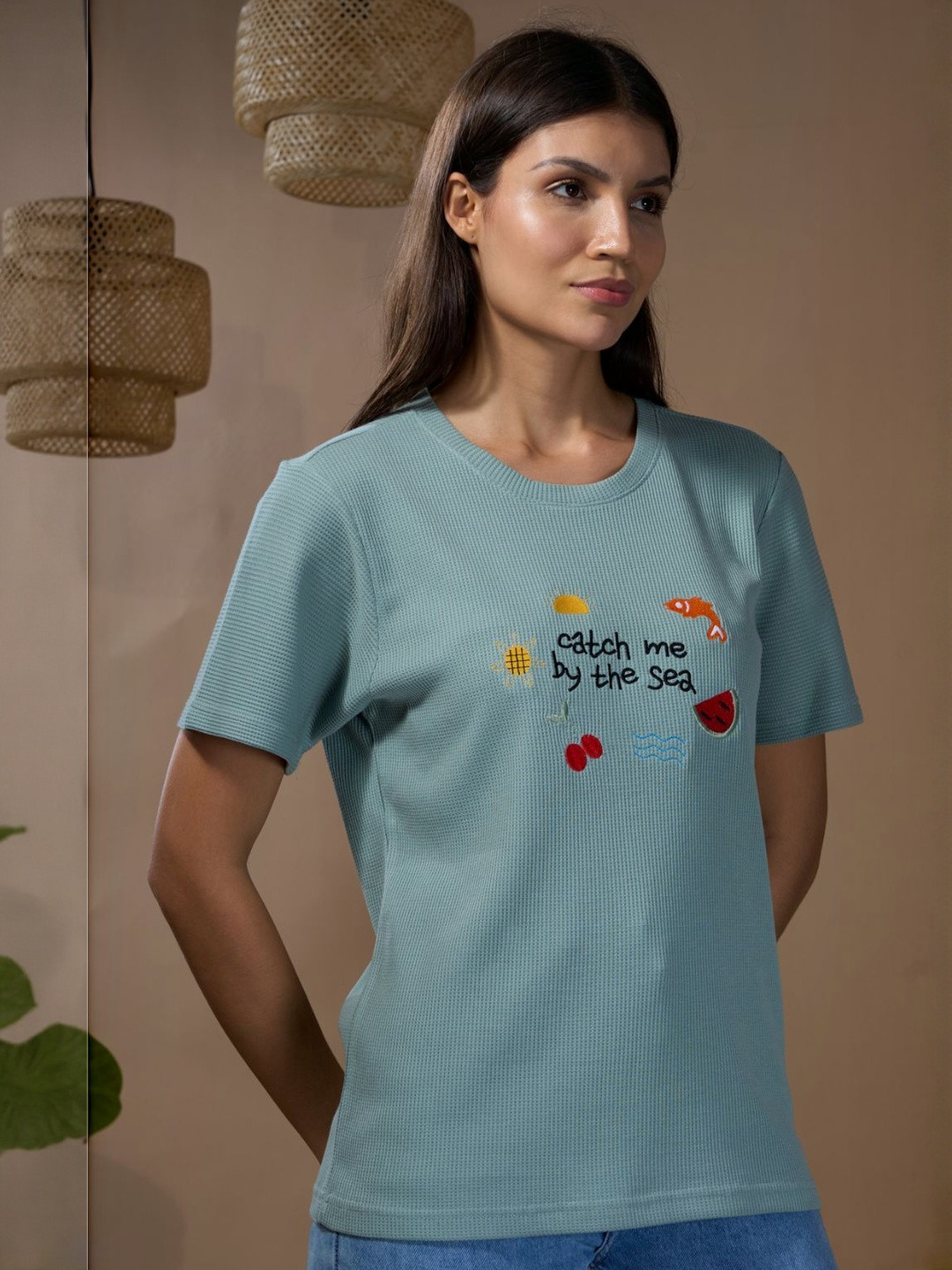 CUPID Catch Me By Sea Textured Round Neck Cotton Relaxed Fit T-Shirt