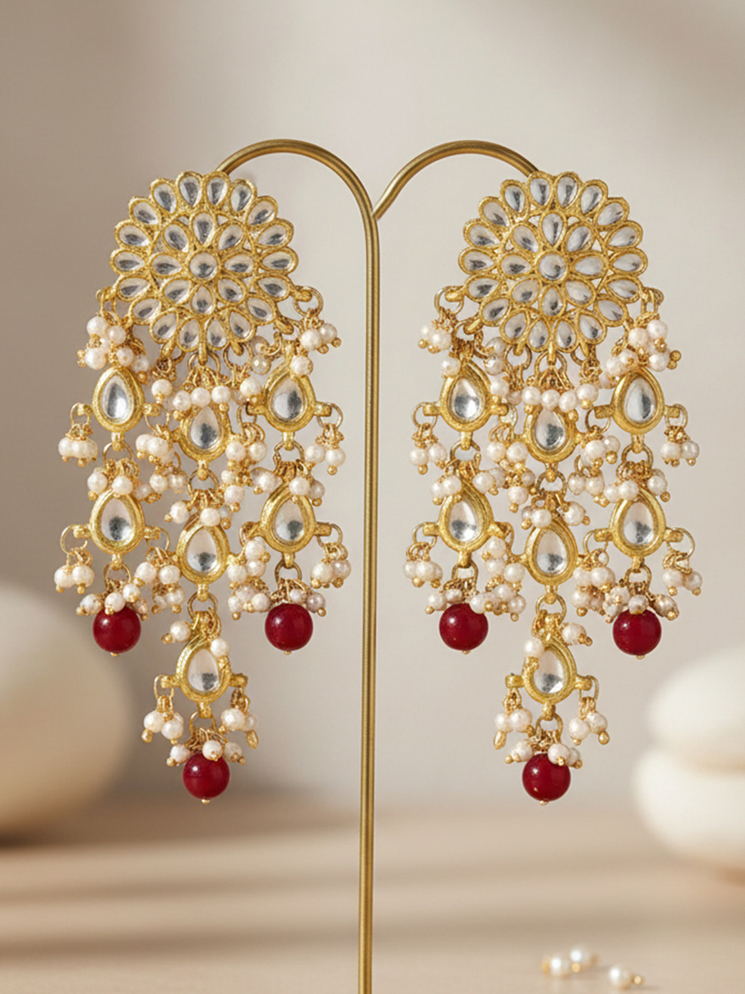 KARATCART Maroon Gold-Plated Stone-Studded Floral Drop Earrings