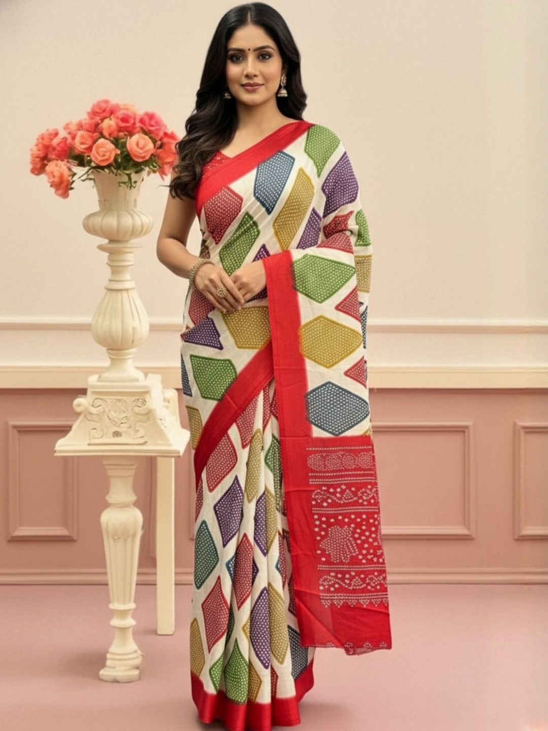 Pionex Printed Satin Bandhani Saree With Unstitched Blouse Piece