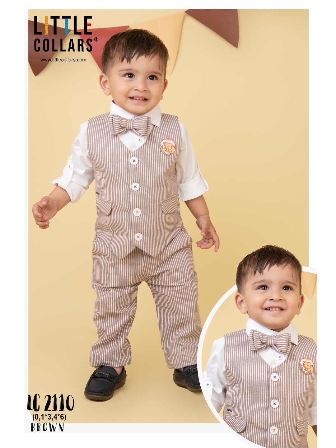 LITTLE COLLARS Boys Striped Single-Breasted Pure Cotton Jacket & Shirt & Trouser Suits