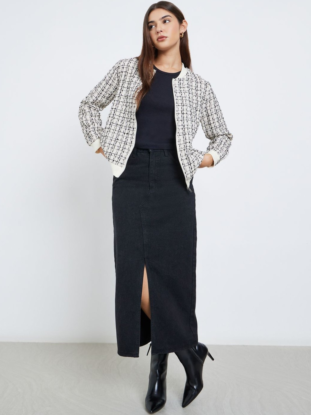 Styli Women Stand Collar Self Design Tweed Bomber Jacket