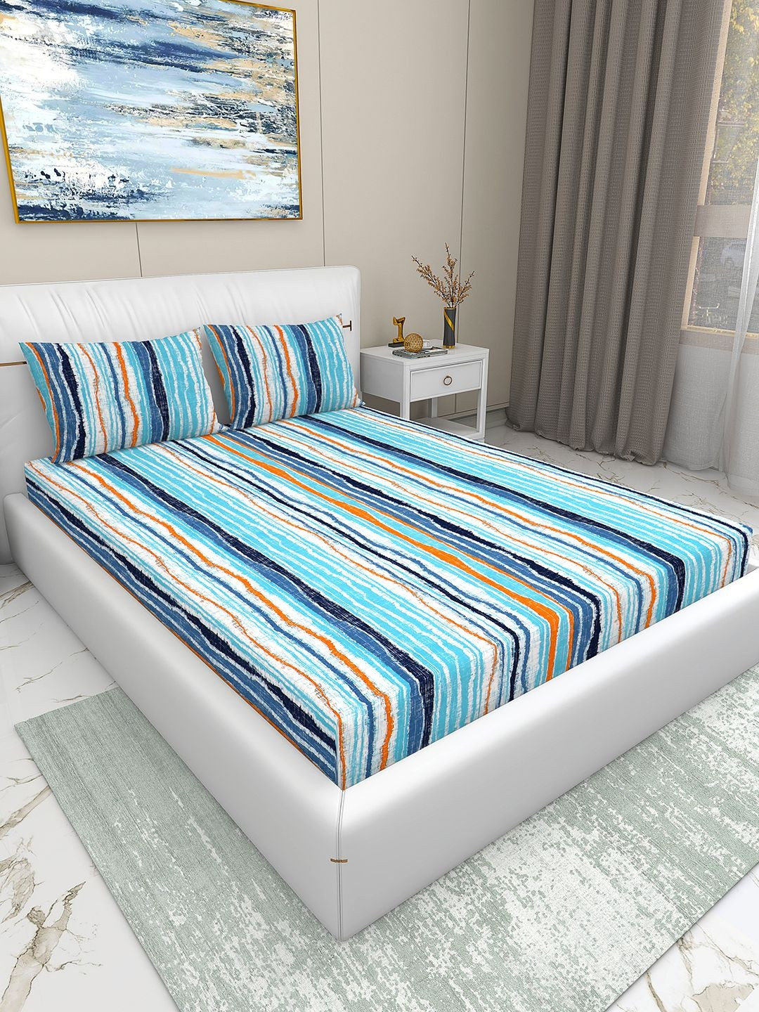 Aura Blue Striped 220 TC Woven Elasticated Fitted King Bedsheet with 2 Pillow Covers