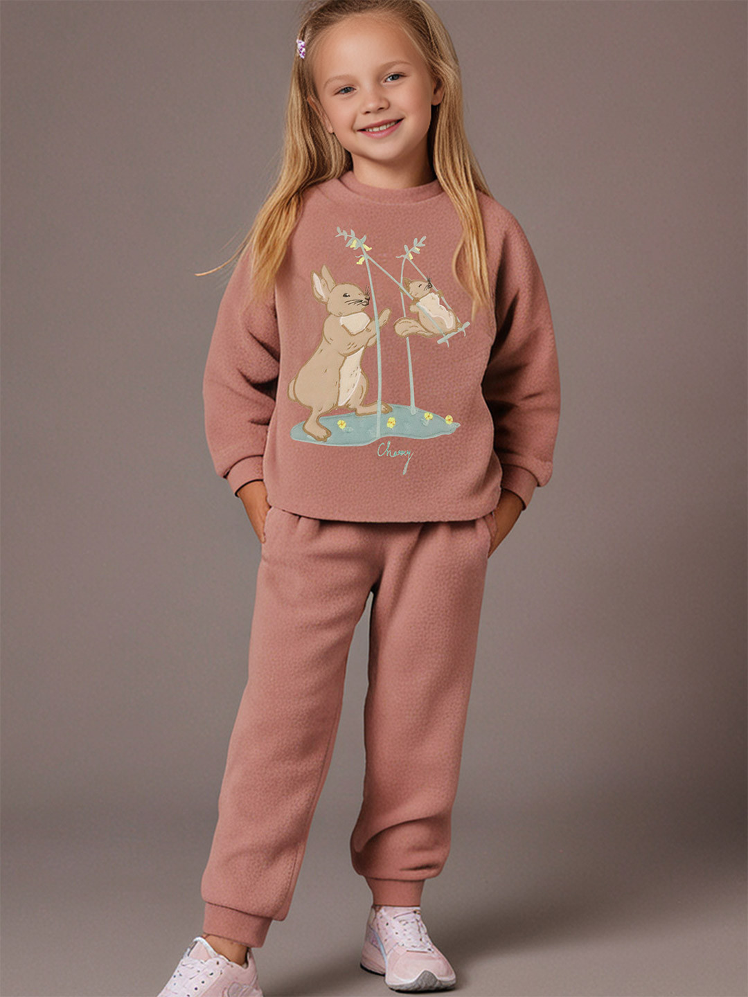 Cherry Crumble Girls Solid Round Neck Applique With Embroidery Winter Night suit