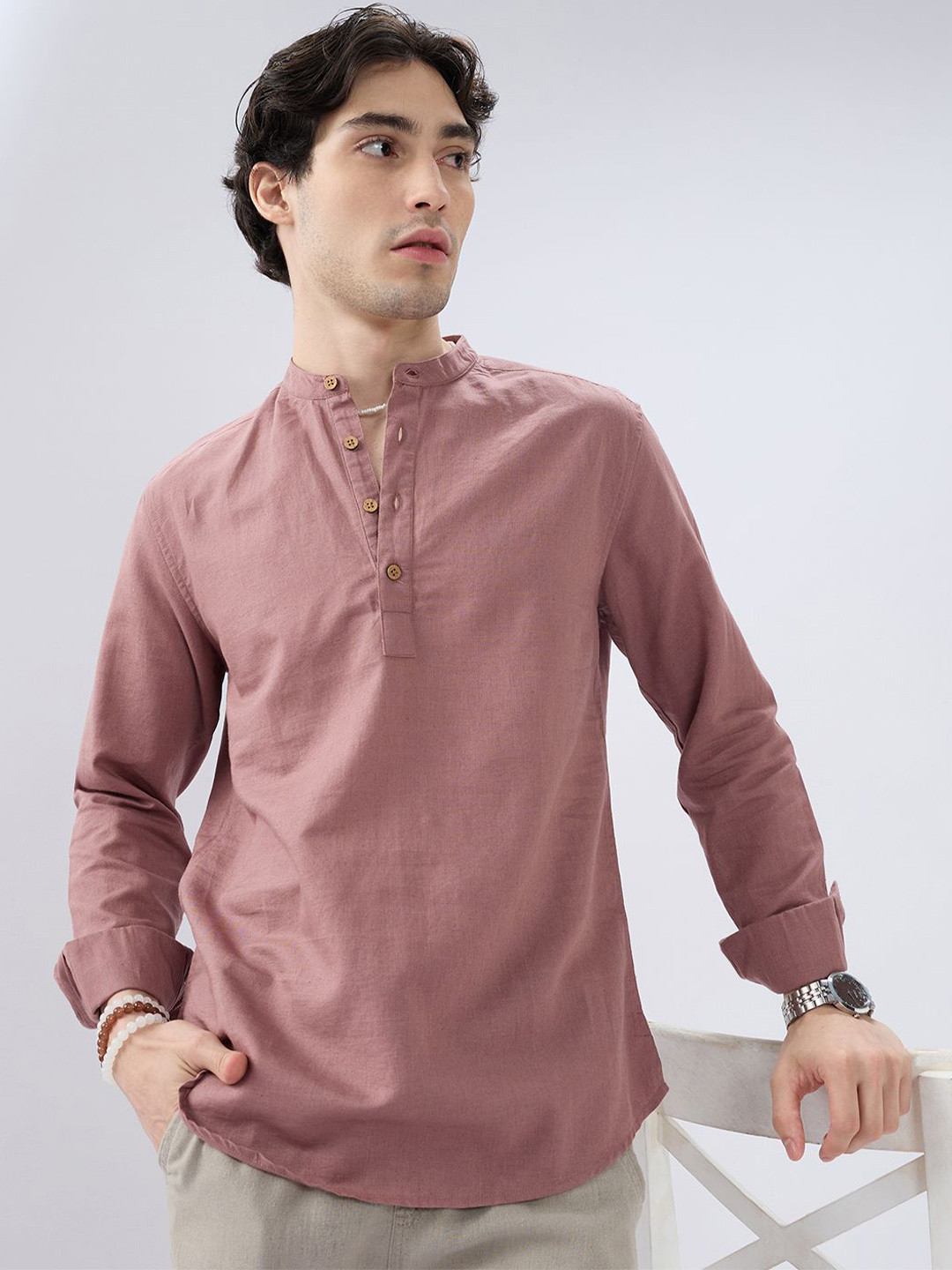 VASTRADO Band Collar Long Roll-Up Sleeves Everyday Linen Straight Kurta