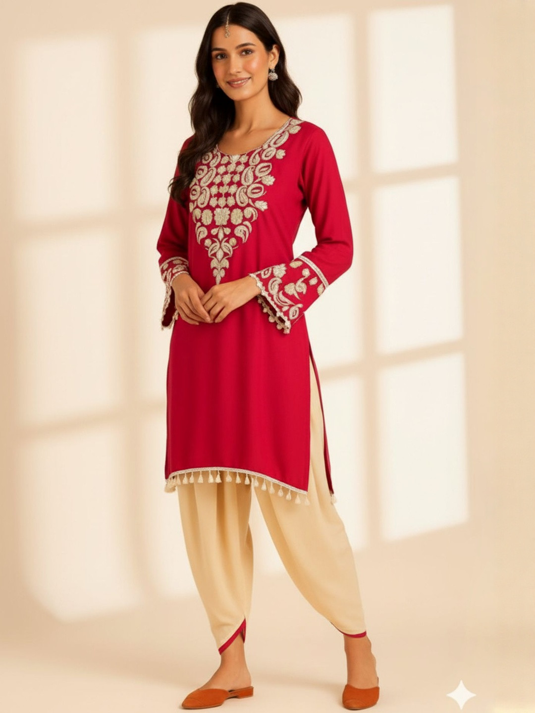 TRUE SISTERS Women Embroidered Regular Thread Work Linen Kurta with Dhoti Pants