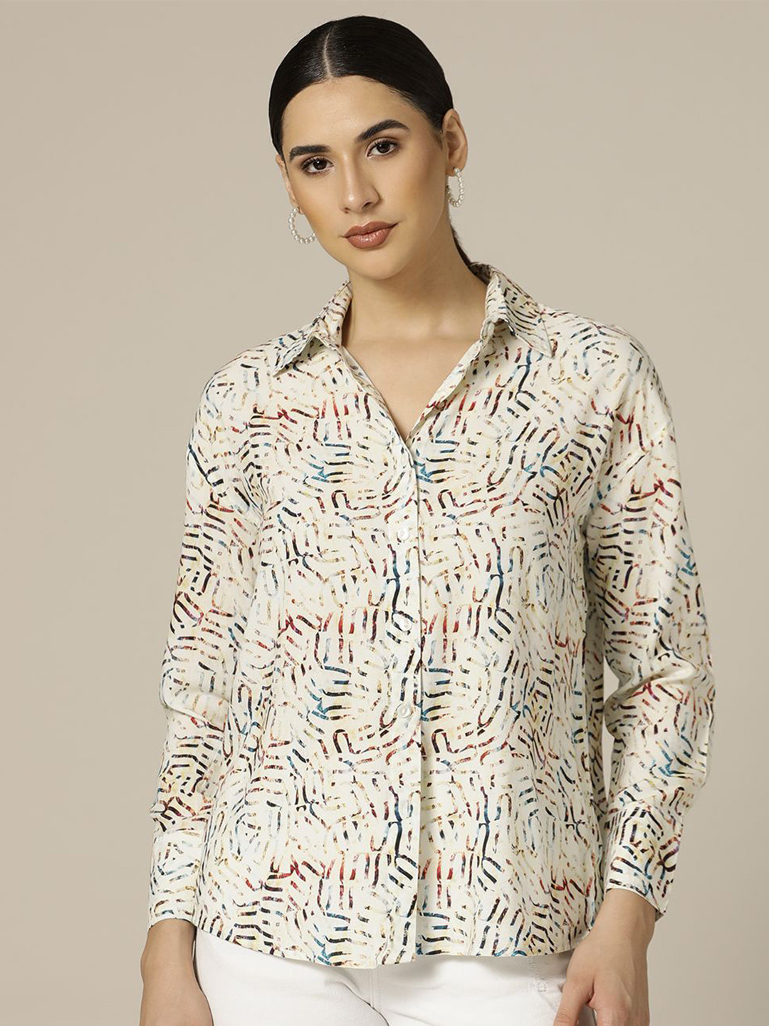 Paper Cut Oversized Spread Collar Abstract Printed Casual Shirt
