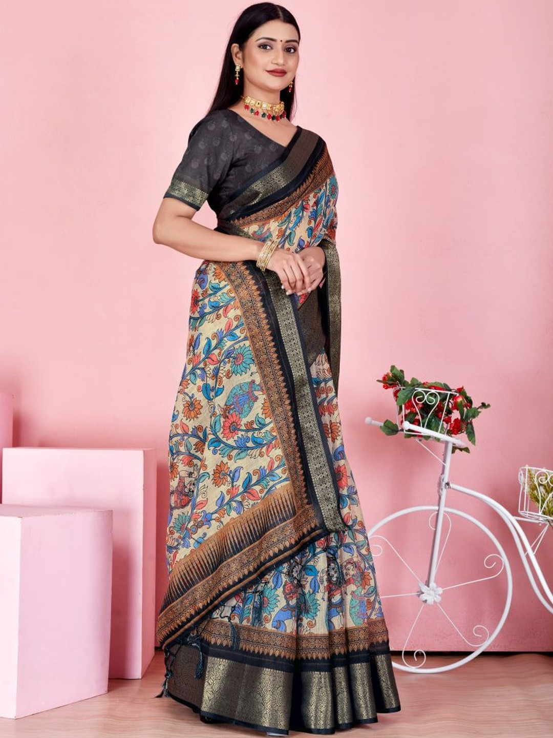 GOHILL ENTERPRISE Ethnic Motifs Pure Linen Handloom Saree