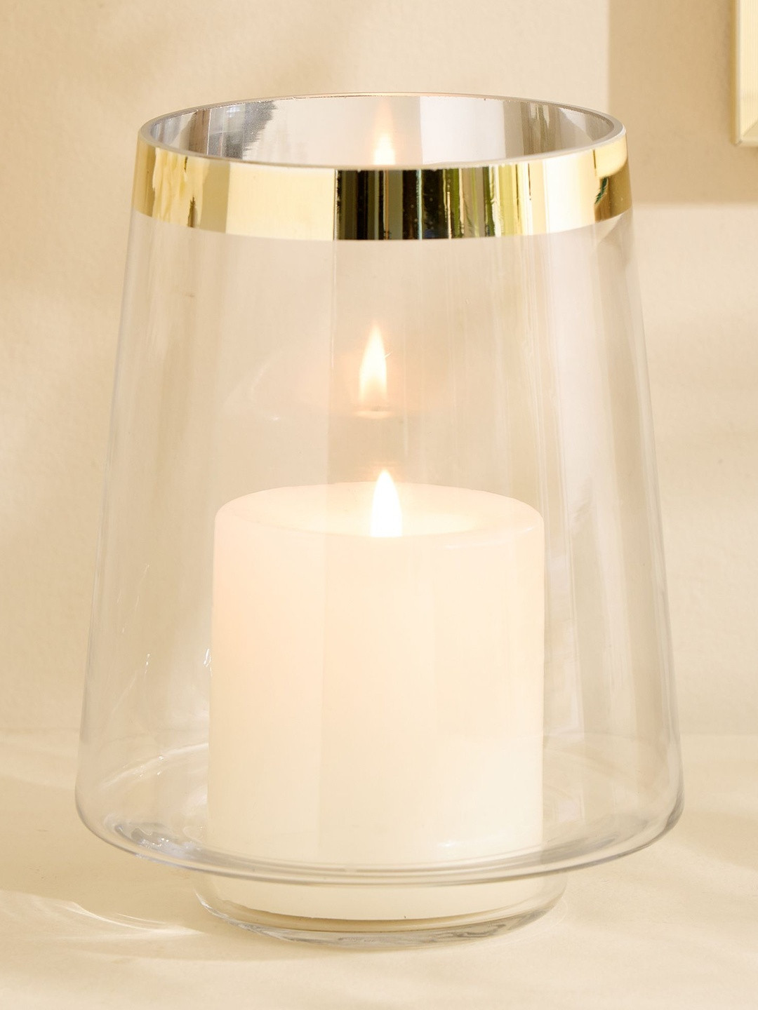 Home Centre Transparent & Silver-Toned Glass Candle Holder