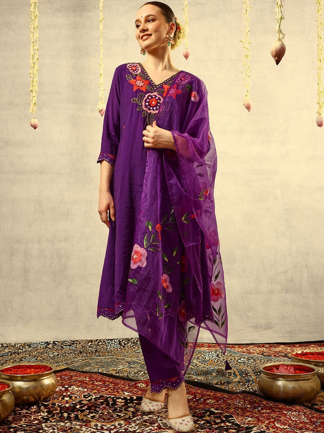 Ishin Purple Mirror & Thread Embroidered Festive Kurta With Trouser & Dupatta