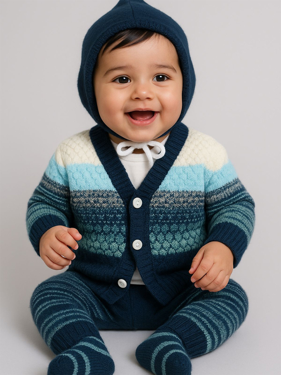 Little Angels Baby Boys Striped V-Neck Woollen Cardigan Sweaters with Pant,Cap & Socks Set